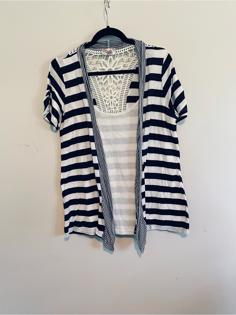 Lavish Plus Navy Blue and White Striped Layered Open Front Top with Lace Detail